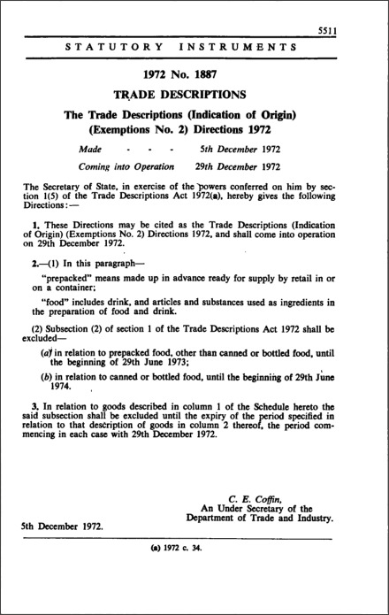 The Trade Descriptions (Indication of Origin) (Exemptions No. 2) Directions 1972