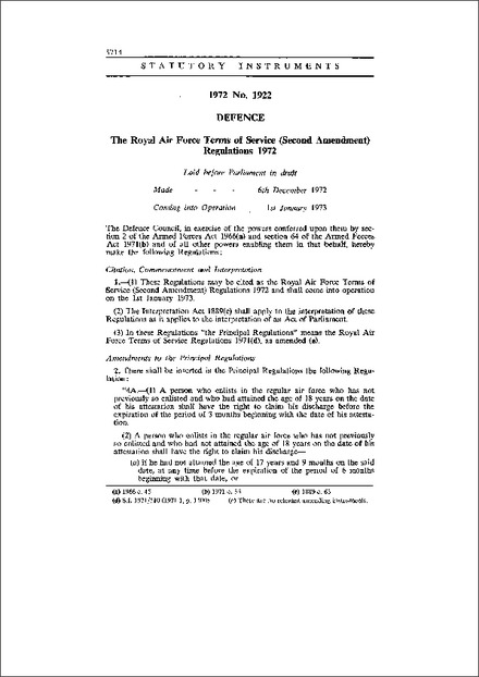 The Royal Air Force Terms of Service (Second Amendment) Regulations 1972