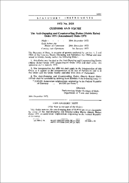 The Anti-Dumping and Countervailing Duties (Metric Rates) Order 1971 (Amendment) Order 1972