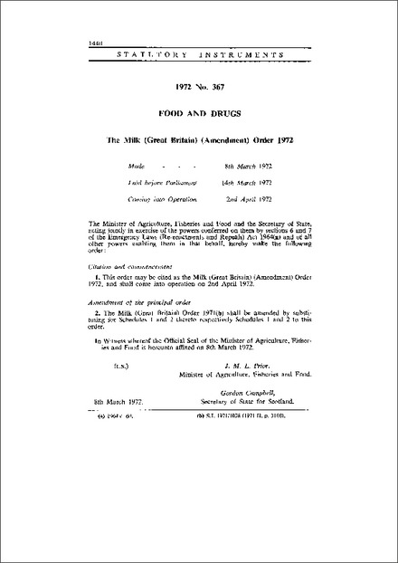 The Milk (Great Britain) (Amendment) Order 1972