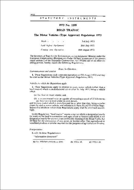 The Motor Vehicles (Type Approval) Regulations 1973