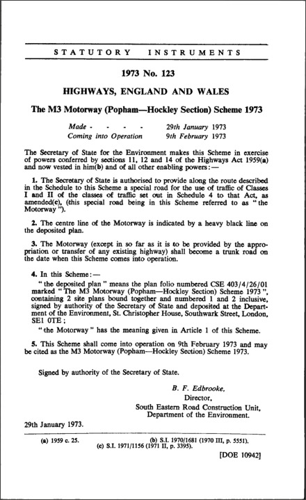 The M3 Motorway (Popham—Hockley Section) Scheme 1973
