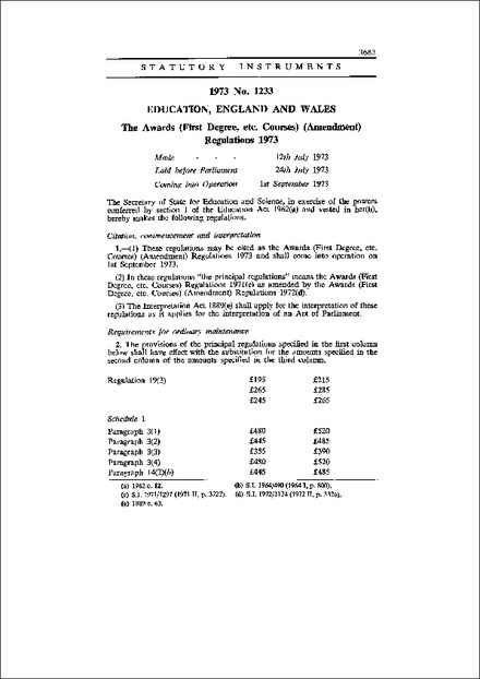 The Awards (First Degree, etc. Courses) (Amendment) Regulations 1973