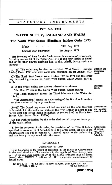 The North West Sussex (Hardham Intake) Order 1973