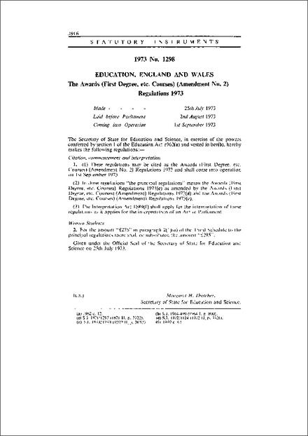 The Awards (First Degree, etc. Courses) (Amendment No. 2) Regulations 1973