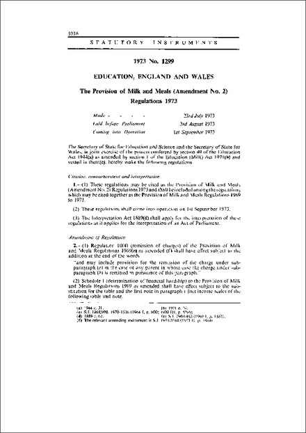 The Provision of Milk and Meals (Amendment No. 2) Regulations 1973