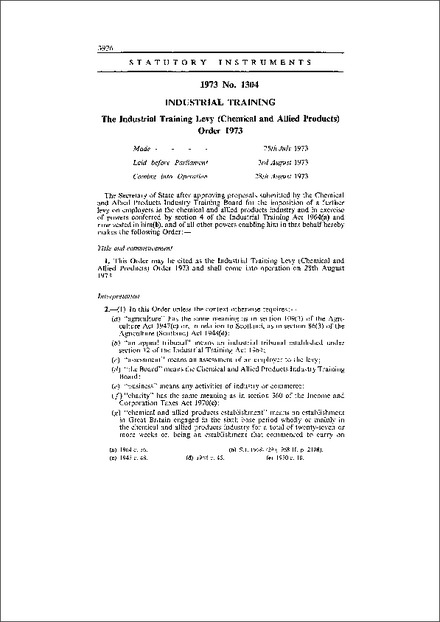 The Industrial Training Levy (Chemical and Allied Products) Order 1973