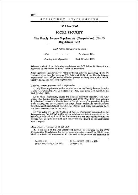 The Family Income Supplements (Computation) (No. 2) Regulations 1973