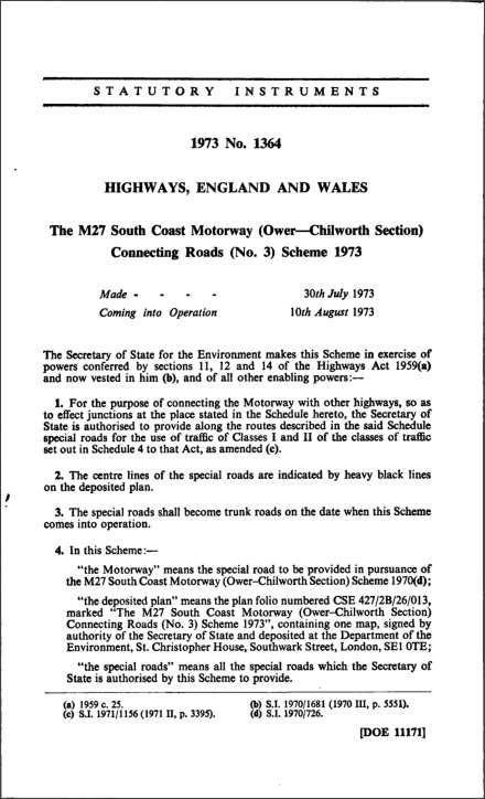 The M27 South Coast Motorway (Ower—Chilworth Section) Connecting Roads (No. 3) Scheme 1973