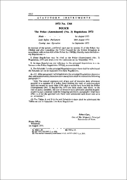 The Police (Amendment) (No. 3) Regulations 1973