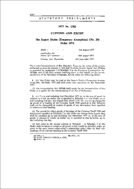 The Import Duties (Temporary Exemptions) (No. 20) Order 1973