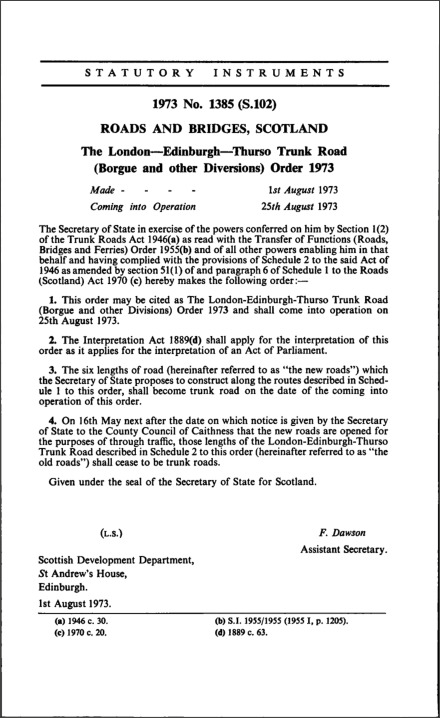 The London—Edinburgh—Thurso Trunk Road (Borgue and other Diversions) Order 1973