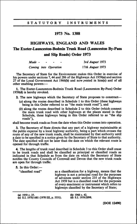 The Exeter-Launceston-Bodmin Trunk Road (Launceston By-Pass and Slip Roads) Order 1973