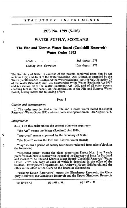 The Fife and Kinross Water Board (Castlehill Reservoir) Water Order 1973