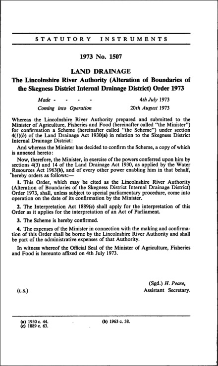 The Lincolnshire River Authority (Alteration of Boundaries of the Skegness District Internal Drainage District) Order 1973