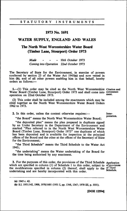 The North West Worcestershire Water Board (Timber Lane, Stourport) Order 1973