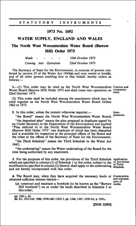 The North West Worcestershire Water Board (Barrow Hill) Order 1973