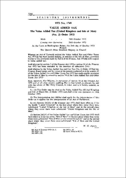 The Value Added Tax (United Kingdom and Isle of Man) (No. 2) Order 1973