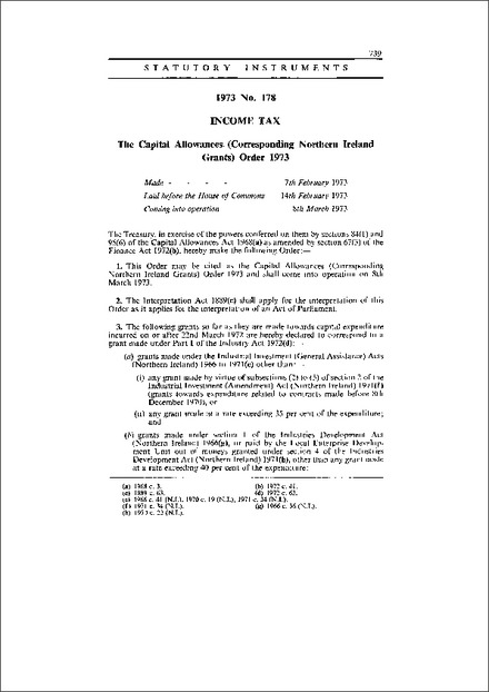 The Capital Allowances. (Corresponding Northern Ireland Grants) Order 1973