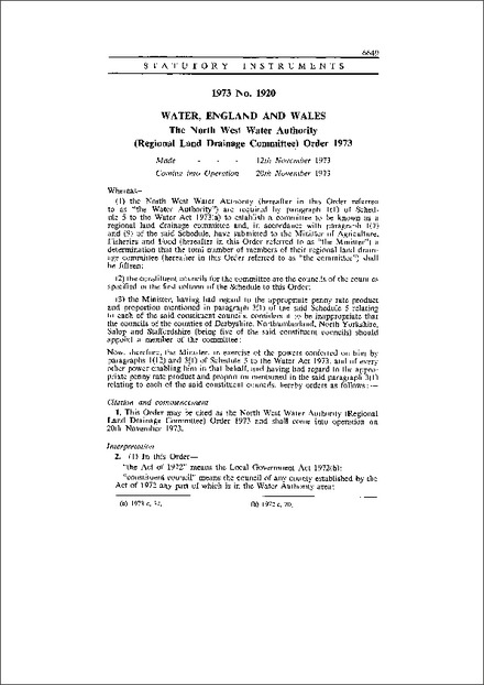 The North West Water Authority (Regional Land Drainage Committee) Order 1973