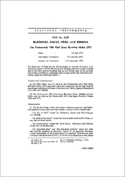 The Portsmouth Mile End Quay Revision Order 1973