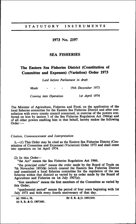 The Eastern Sea Fisheries District (Constitution of Committee and Expenses) (Variation) Order 1973