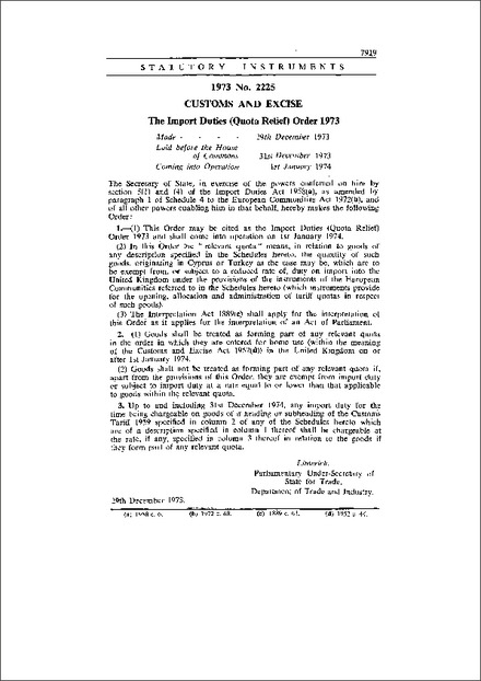 The Import Duties (Quota Relief) Order 1973
