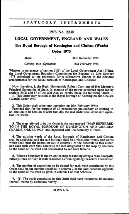 The Royal Borough of Kensington and Chelsea (Wards) Order 1973