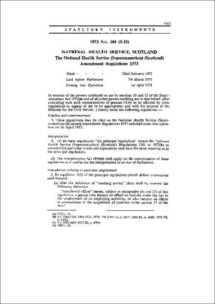 The National Health Service (Superannuation) (Scotland) Amendment Regulations 1973