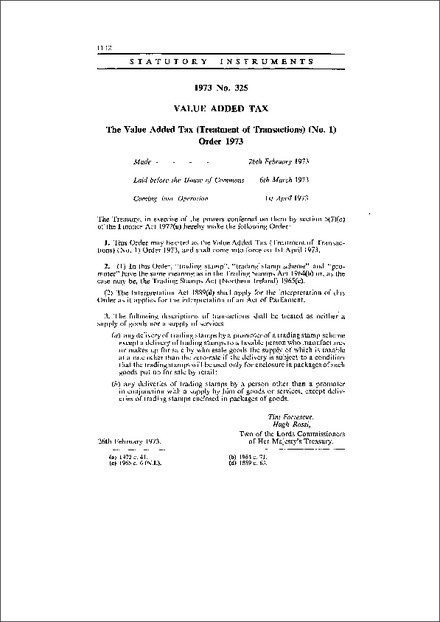 The Value Added Tax (Treatment of Transactions) (No. 1) Order 1973
