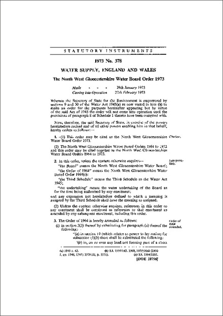 The North West Gloucestershire Water Board Order 1973