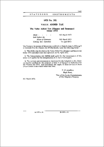 The Value Added Tax (Finance and Insurance) Order 1973