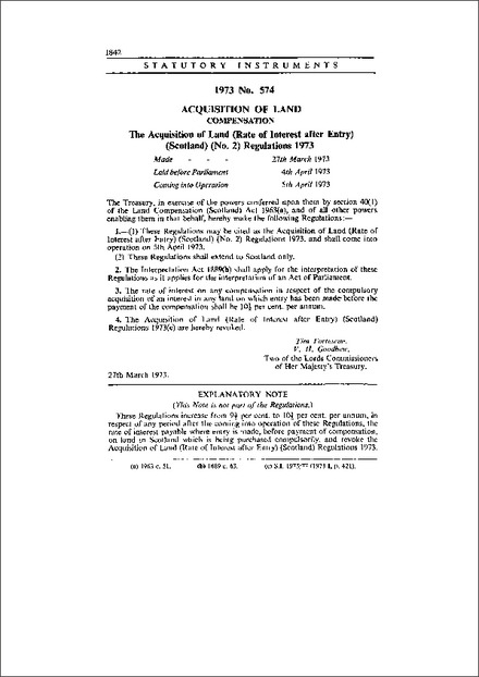 The Acquisition of Land (Rate of Interest after Entry) (Scotland) (No. 2) Regulations 1973