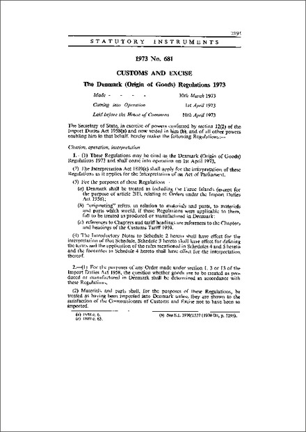 The Denmark (Origin of Goods) Regulations 1973