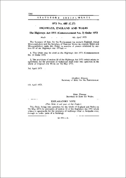 The Highways Act 1971 (Commencement No. 3) Order 1973
