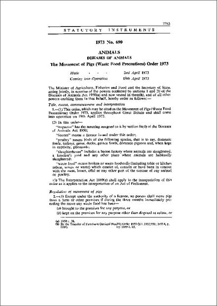 The Movement of Pigs (Waste Food Precautions) Order 1973
