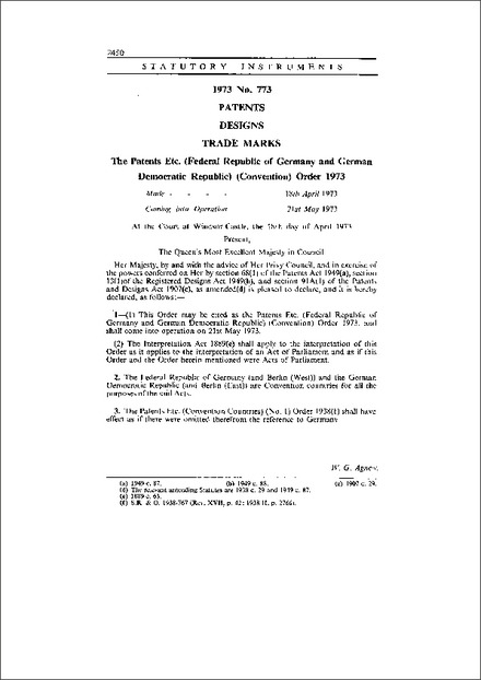 The Patents Etc. (Federal Republic of Germany and German Democratic Republic) (Convention) Order 1973