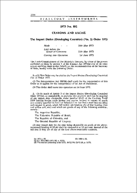 The Import Duties (Developing Countries) (No. 2) Order 1973