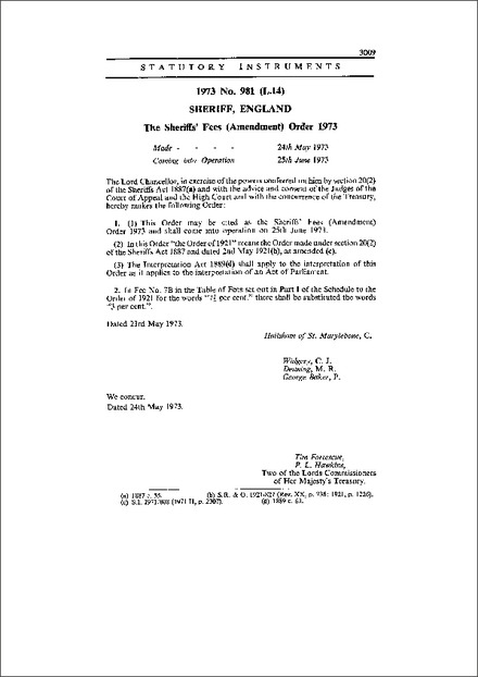 The Sheriffs' Fees (Amendment) Order 1973