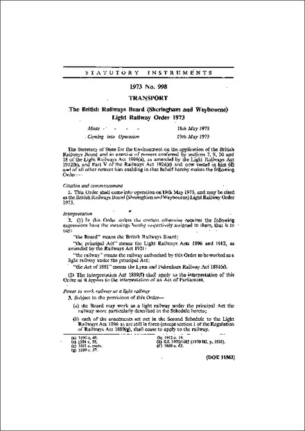 The British Railways Board (Sheringham and Weybourne) Light Railway Order 1973