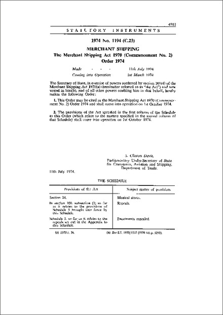 The Merchant Shipping Act 1970 (Commencement No. 2) Order 1974