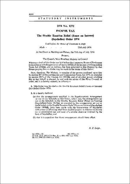 The Double Taxation Relief (Taxes on Income) (Seychelles) Order 1974