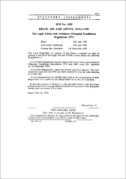 The Legal Advice and Assistance (Financial Conditions) Regulations 1974