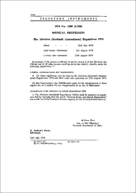 The Abortion (Scotland) (Amendment) Regulations 1974