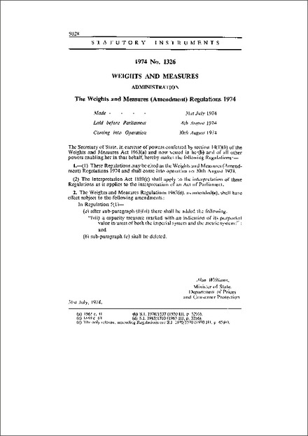 The Weights and Measures (Amendment) Regulations 1974