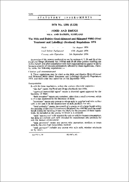 The Milk and Dairies (Semi-skimmed and Skimmed Milk) (Heat Treatment and Labelling) (Scotland) Regulations 1974