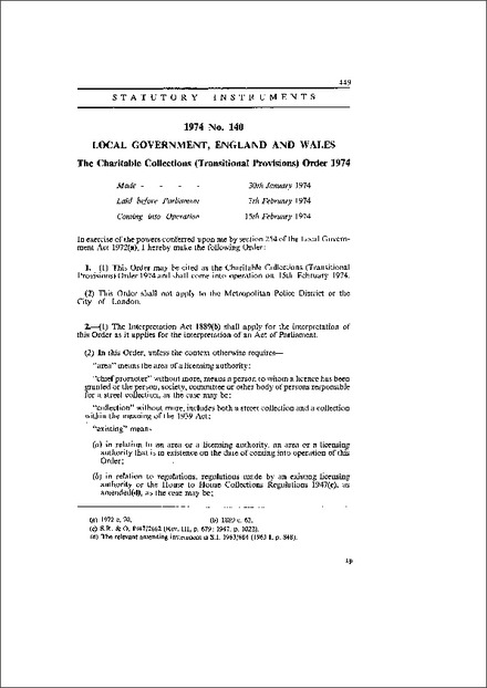 The Charitable Collections (Transitional Provisions) Order 1974