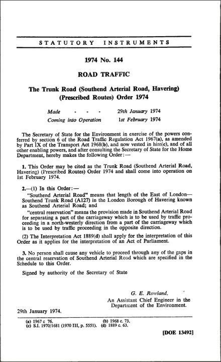 The Trunk Road (Southend Arterial Road, Havering) (Prescribed Routes) Order 1974