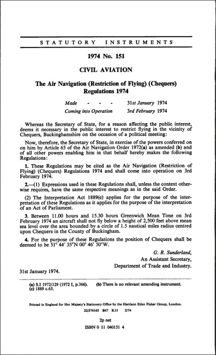 The Air Navigation (Restriction of Flying) (Chequers) Regulations 1974