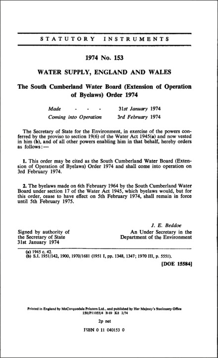 The South Cumberland Water Board (Extension of Operation of Byelaws) Order 1974